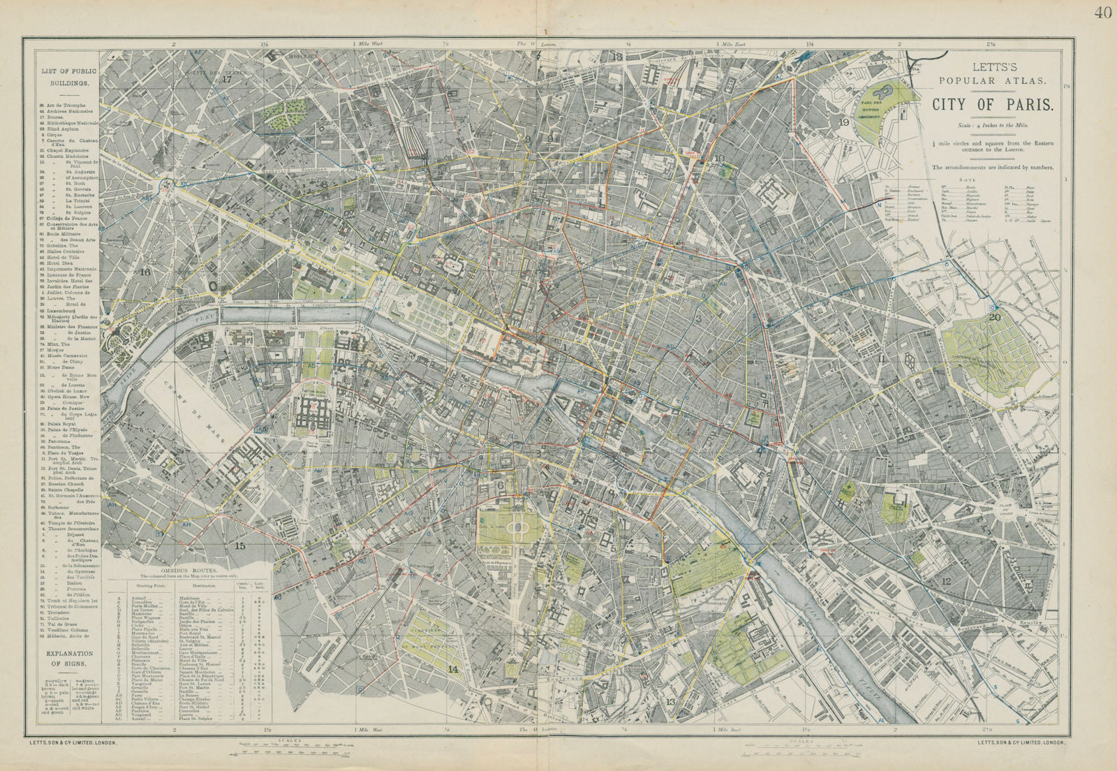 PARIS antique town city map plan. Omnibus routes. LARGE. LETTS 1884 old